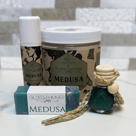 Medusa 4 Pack | Guest Size Soap, Hanging Potion, Sugar Scrub, Solid Lotion
